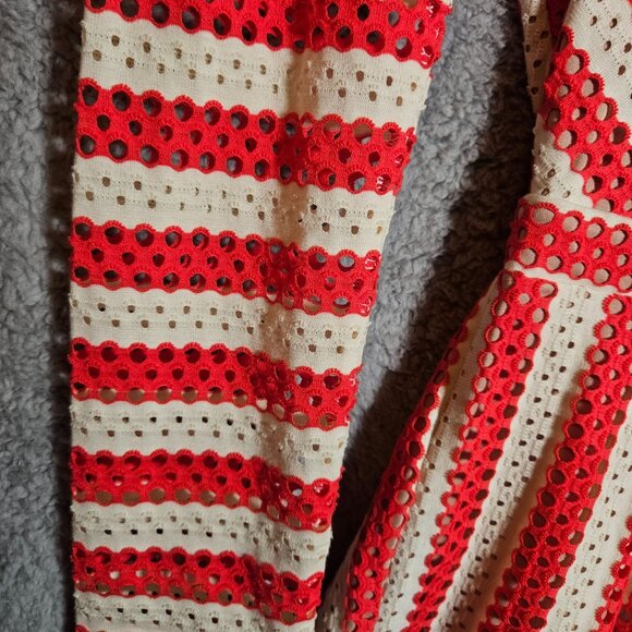 BCBGMAXAZRIA Red  White Long Sleeve Peplum Top Back Zipper Womans - Picture 5 of 12